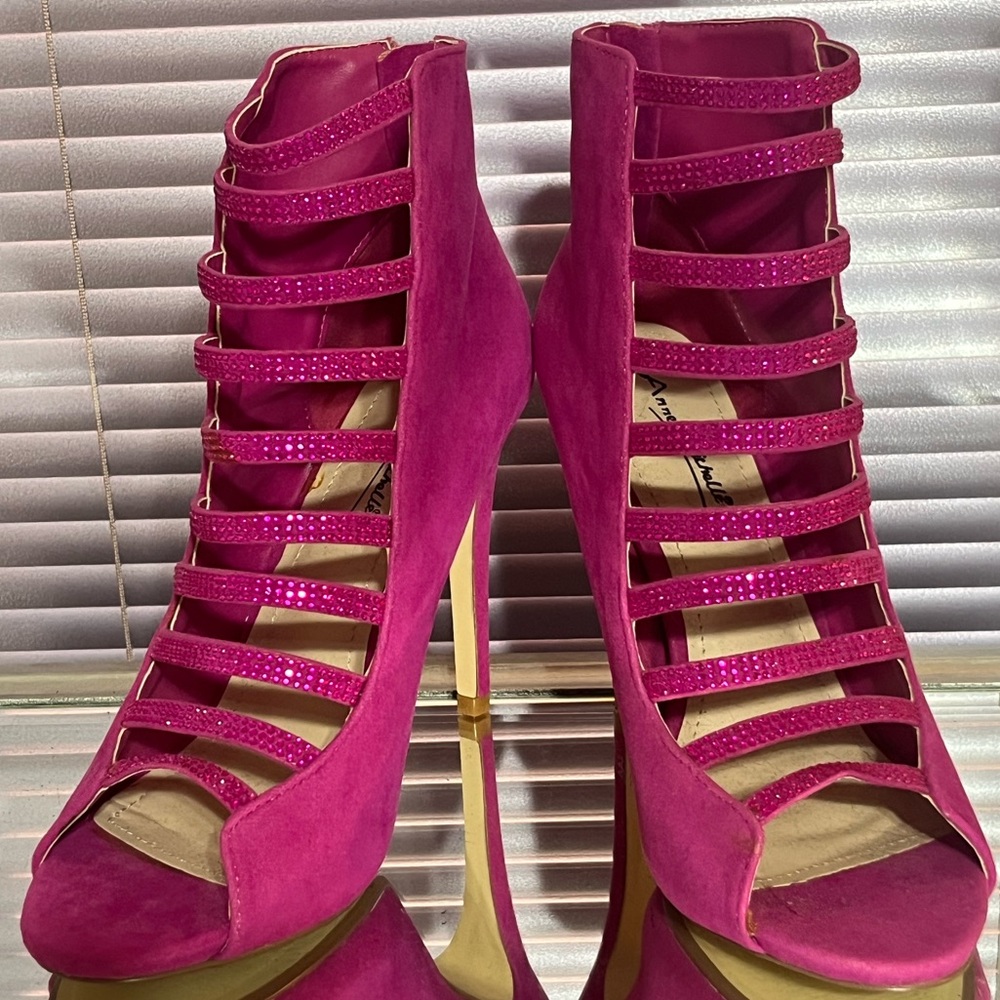 Anne Michelle Fuchsia Pink Suede crystal stiletto high heel sandals shoes Sexy
